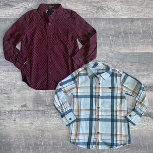 Boys Long Sleeve Button Up Shirt Bundle (2) Size 5 Maroon Pin Dot & Blue Plaid